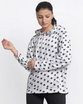 geometric print hoodie with patch pocket