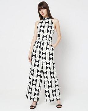 geometric print jumpsuit with waist belt