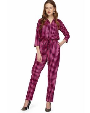 geometric print jumpsuit with waist tie up