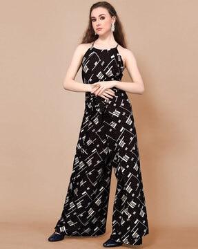 geometric-print jumpsuit with waist tie-up