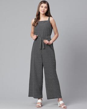 geometric print jumpsuit with waist tie-up