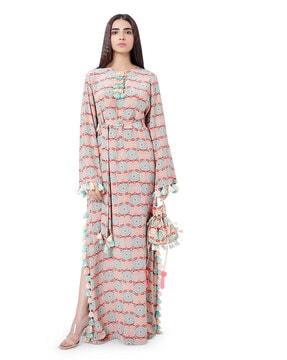 geometric print kaftan dress with belt