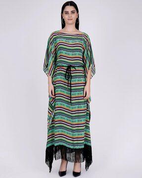 geometric print kaftan dress with braided belt