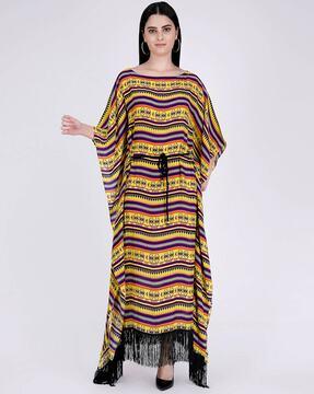 geometric print kaftan dress with braided belt