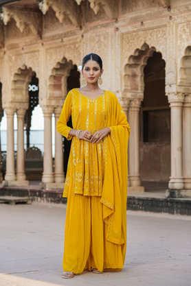 geometric print knee length faux fur woven women's kurta set - mustard