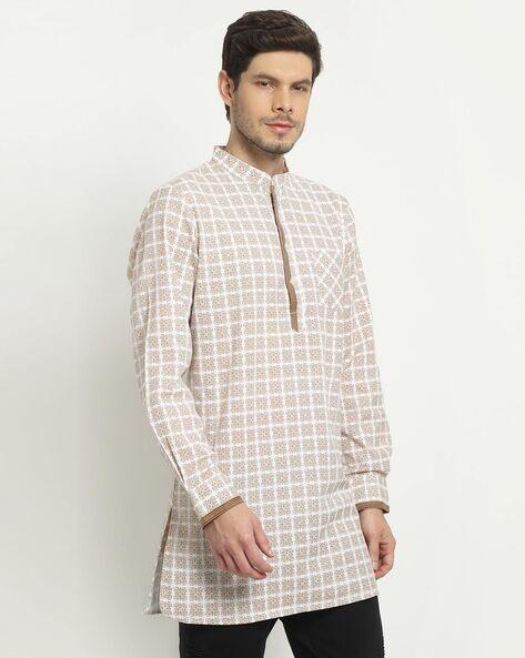 geometric print kurta with band collar