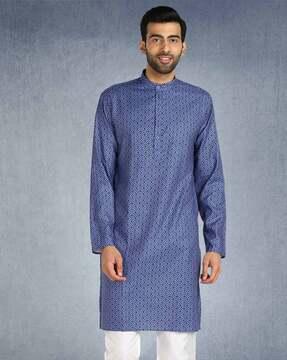 geometric print kurta with band collar