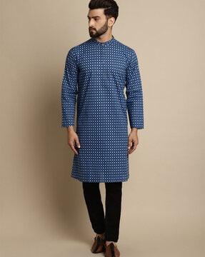 geometric print kurta with patch pocket