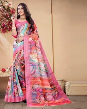 geometric print linen saree with contrast border