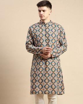 geometric print long kurta with mandarin collar