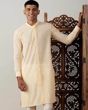 geometric print long kurta with mandarin collar