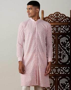 geometric print long kurta with mandarin collar