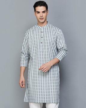 geometric print long kurta with mandarin collar