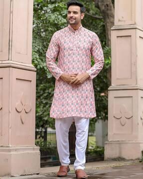 geometric print long kurta with mandarin collar