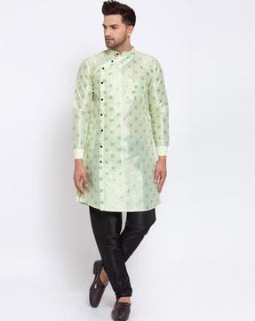 geometric print long kurta with patch pocket