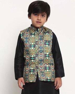 geometric print mandarin-collar nehru jacket