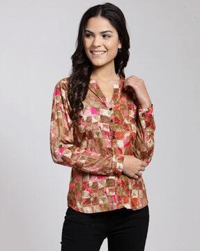 geometric print mandarin-collar shirt