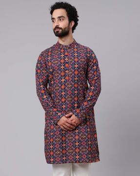 geometric print mandarin-neck long kurta