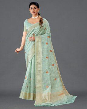 geometric print organza saree with tassels