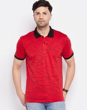 geometric print polo t-shirt with ribbed hem