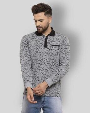 geometric print polo t-shirt with slip pocket