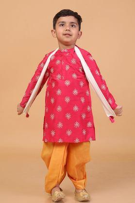 geometric print polyester ankle length boys kurta set - pink