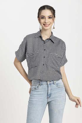 geometric print polyester regular fit women's casual shirt - black