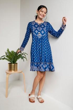 geometric print polyester relaxed fit women's ethnic dress - blue