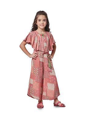 geometric print polyester round neck girls party wear jumpsuit - peach