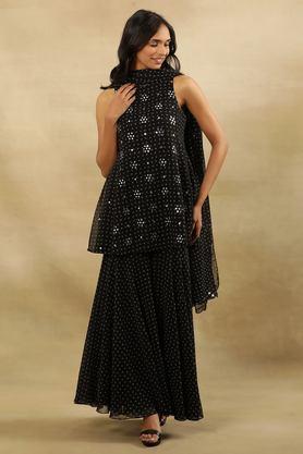 geometric print polyester woven women's kurta set - black