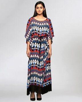 geometric print poncho dress with braided belt