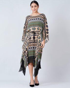 geometric print poncho dress with fringes