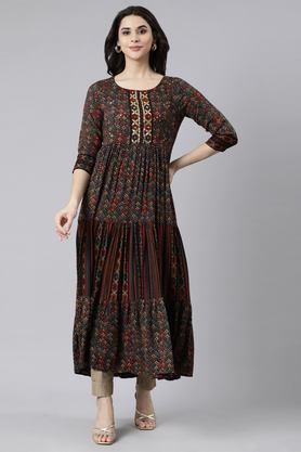 geometric print rayon round neck women's casual wear ethnic dress - multi