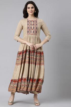 geometric print rayon round neck women's casual wear ethnic dress - natural