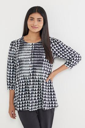 geometric print rayon round neck women's top - black