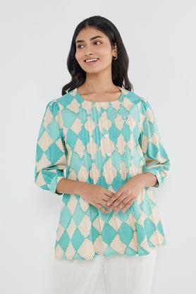 geometric print rayon round neck women's top - turquoise