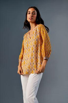 geometric print rayon v-neck women's casual wear top - mustard