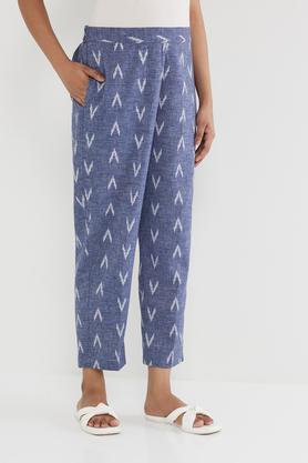 geometric print regular fit cotton blend women's casual wear pants - light blue