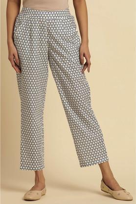 geometric print regular fit cotton women's casual wear pants - blue