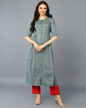 geometric print round-neck a-line kurta