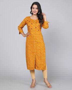 geometric print round-neck straight kurta