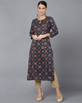 geometric print round-neck straight kurta