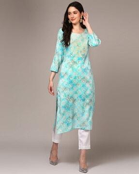 geometric print round-neck straight kurta