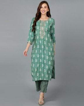 geometric print round-neck straight kurta