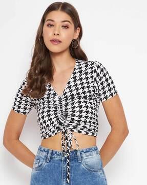 geometric print ruched crop top