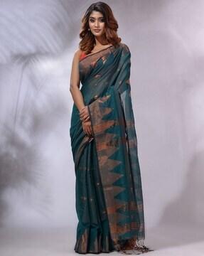 geometric print saree with contrast border and tassels