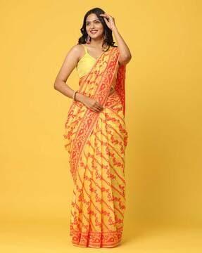 geometric print saree with contrast border