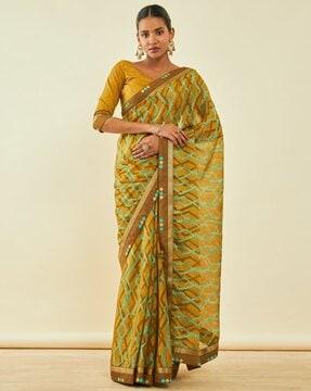 geometric print saree with contrast border