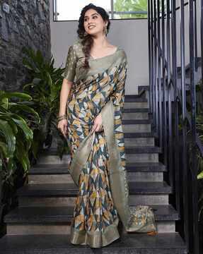 geometric print saree with contrast border