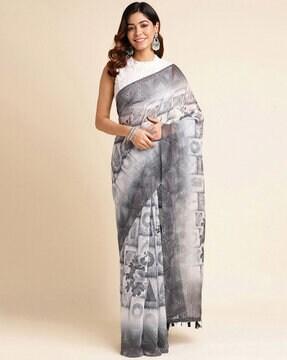 geometric print saree with tassels